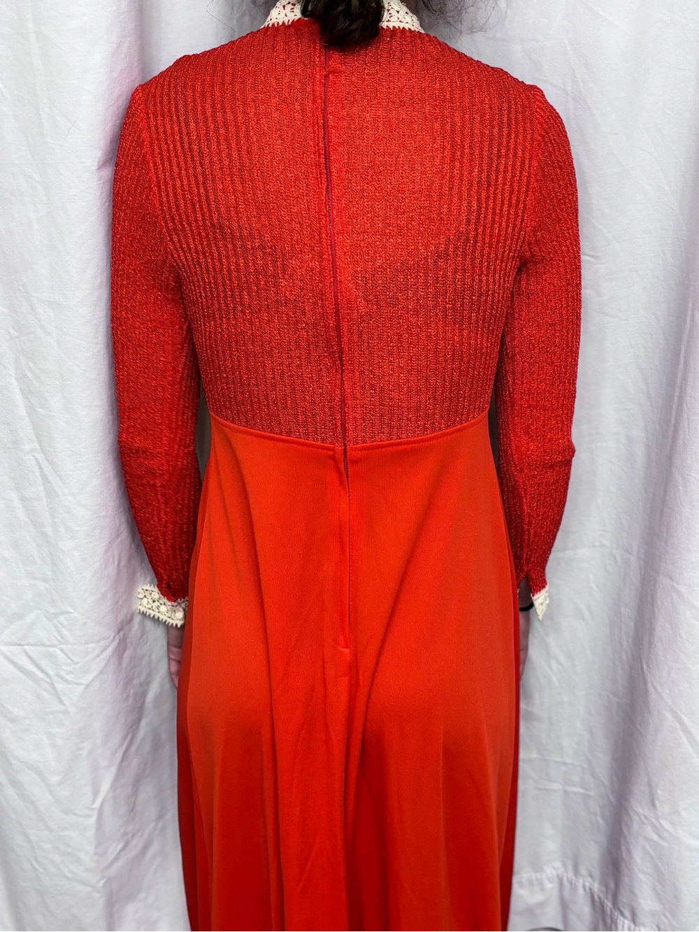 Vintage 1970s Red Maxi Dress with Crochet Trim - Picture 6 of 13